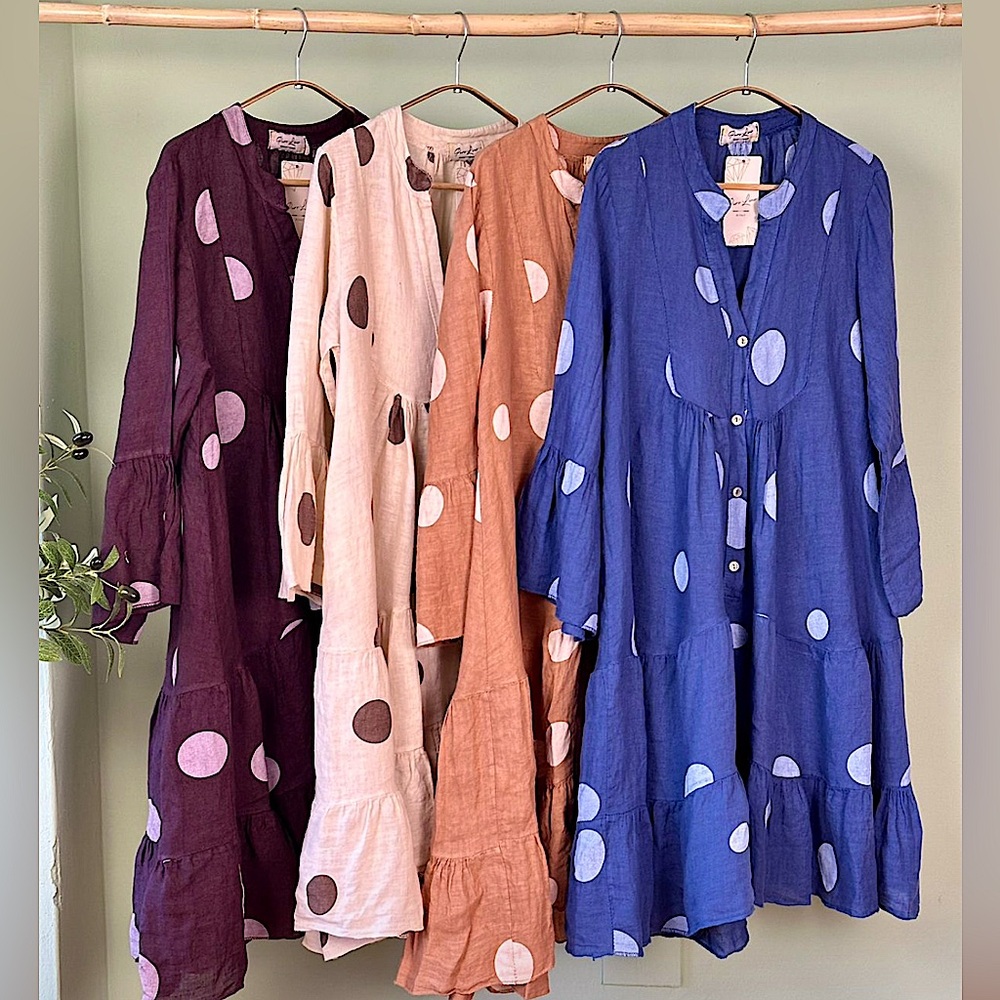 Made in Italy Puro Lino Linen Polka Dot Midi Dress